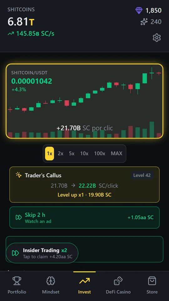 Idle Cryptobro: SHITCOIN/USDT candlestick chart you click to earn