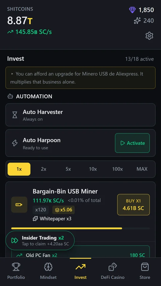 Idle Cryptobro: Invest screen with the Bargain-Bin USB Miner