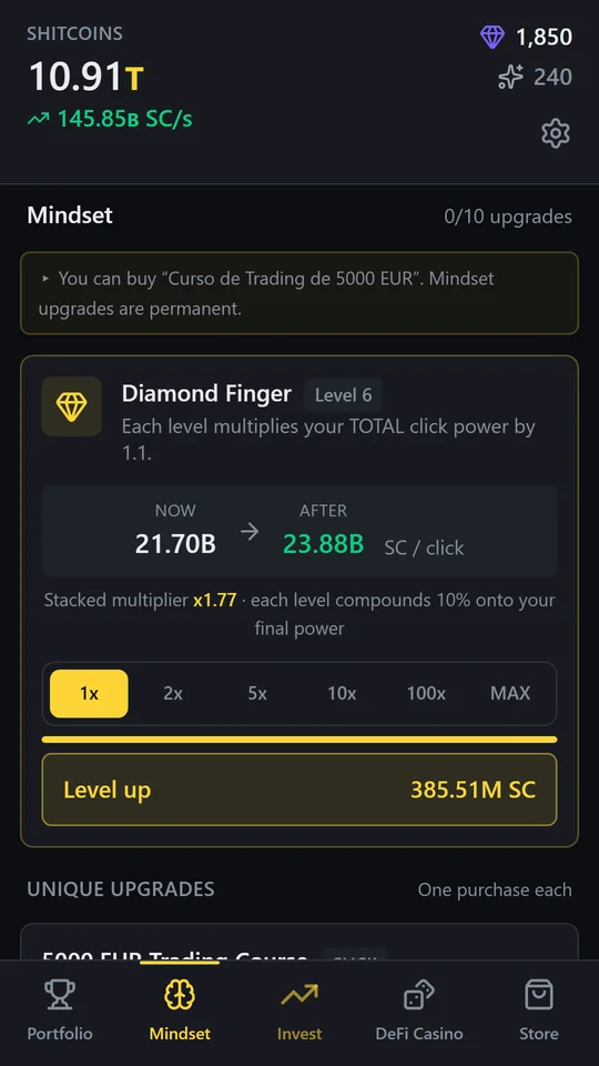 Idle Cryptobro: Mindset screen with the Diamond Finger upgrade