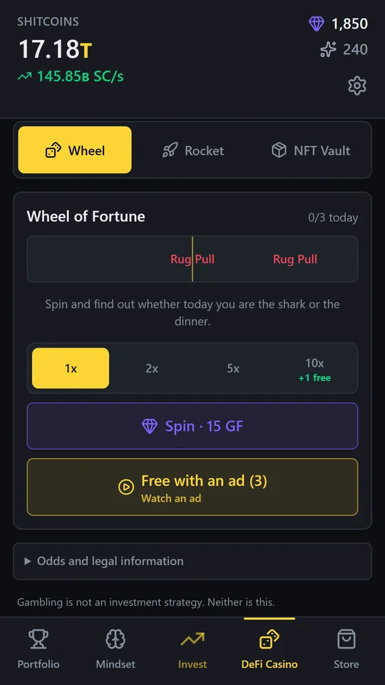 Idle Cryptobro: Wheel of Fortune landing on Rug Pull